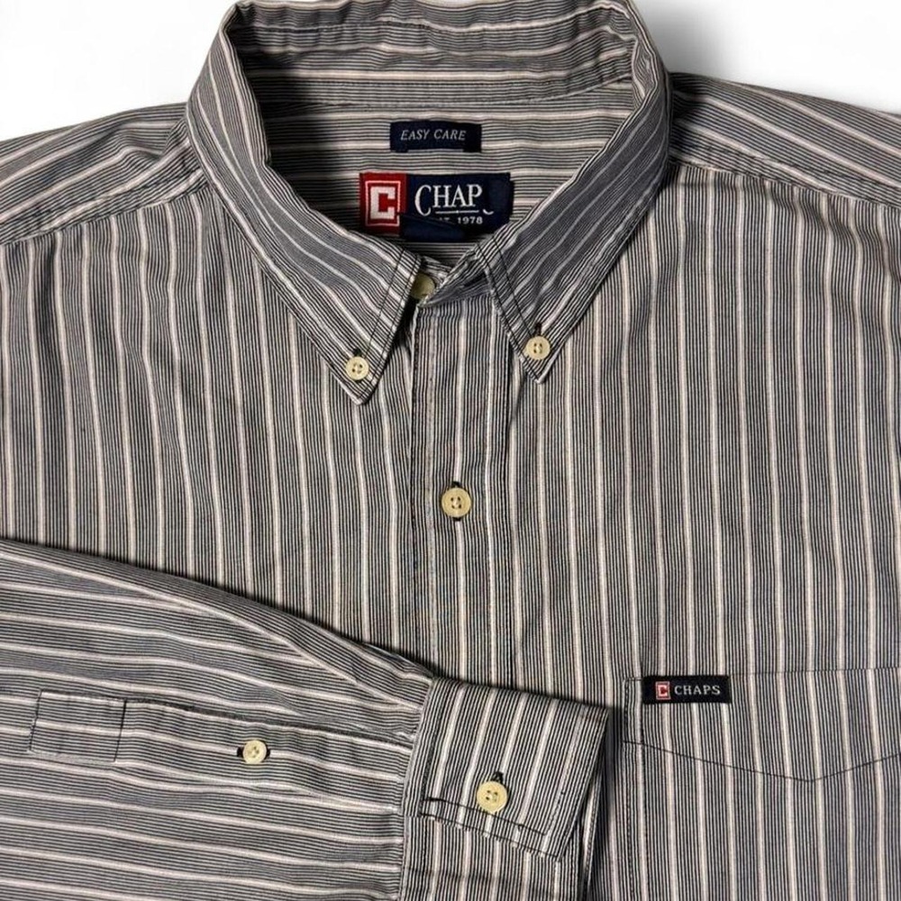 Chaps Easy Care Gray‎ Stripe Button Down Shirt (L)